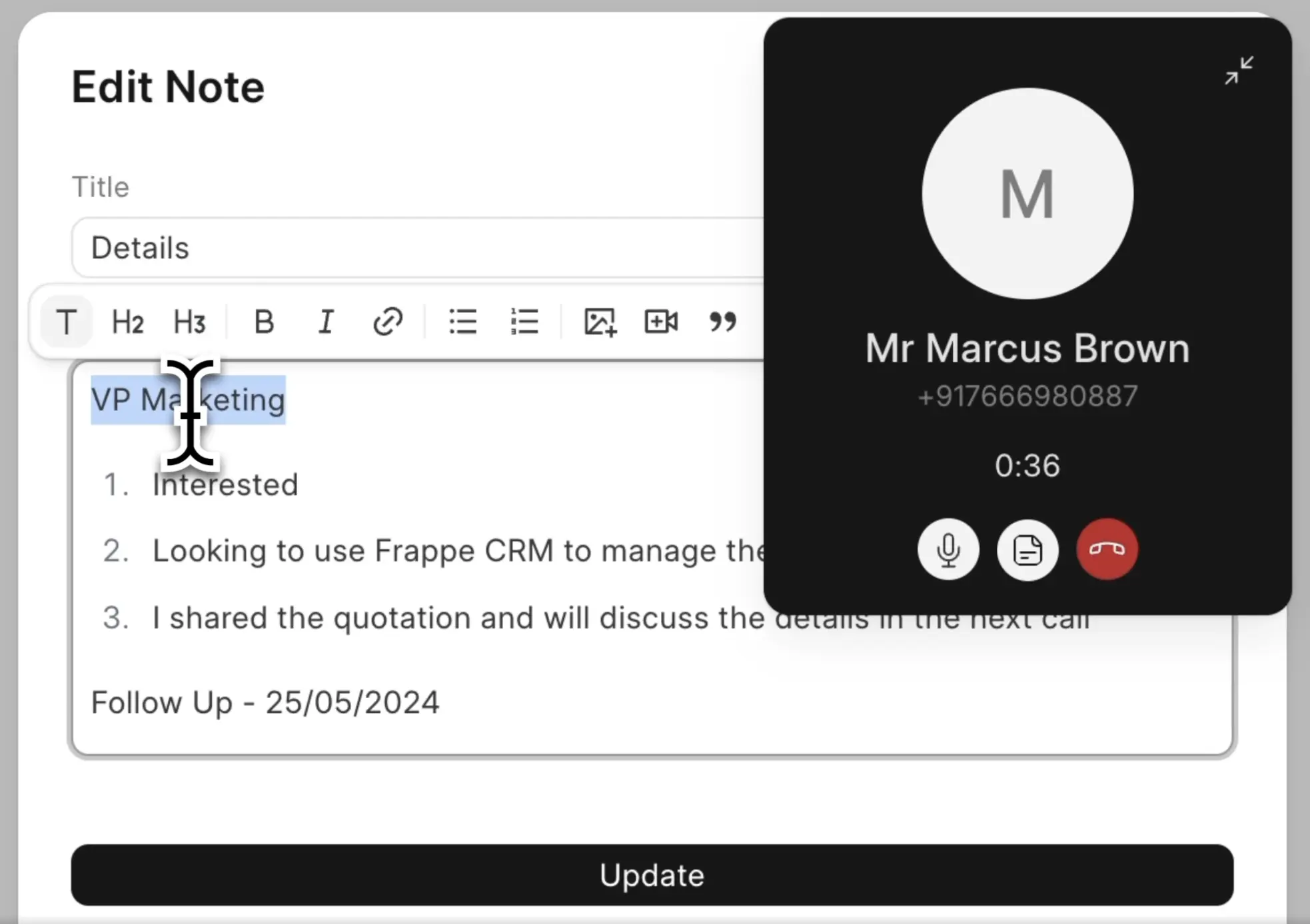 Make and receive calls within the CRM in eshara and take notes during the calls