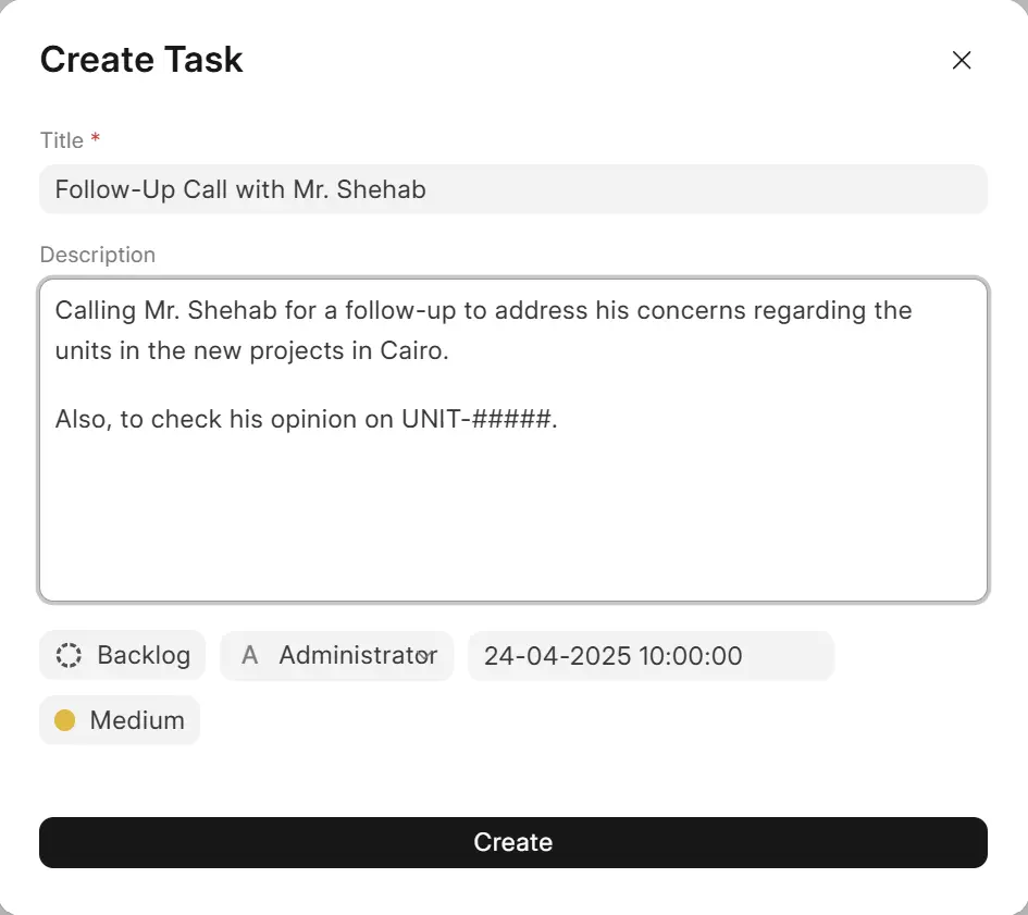 Creating the TASKS live within the CRM and during the call