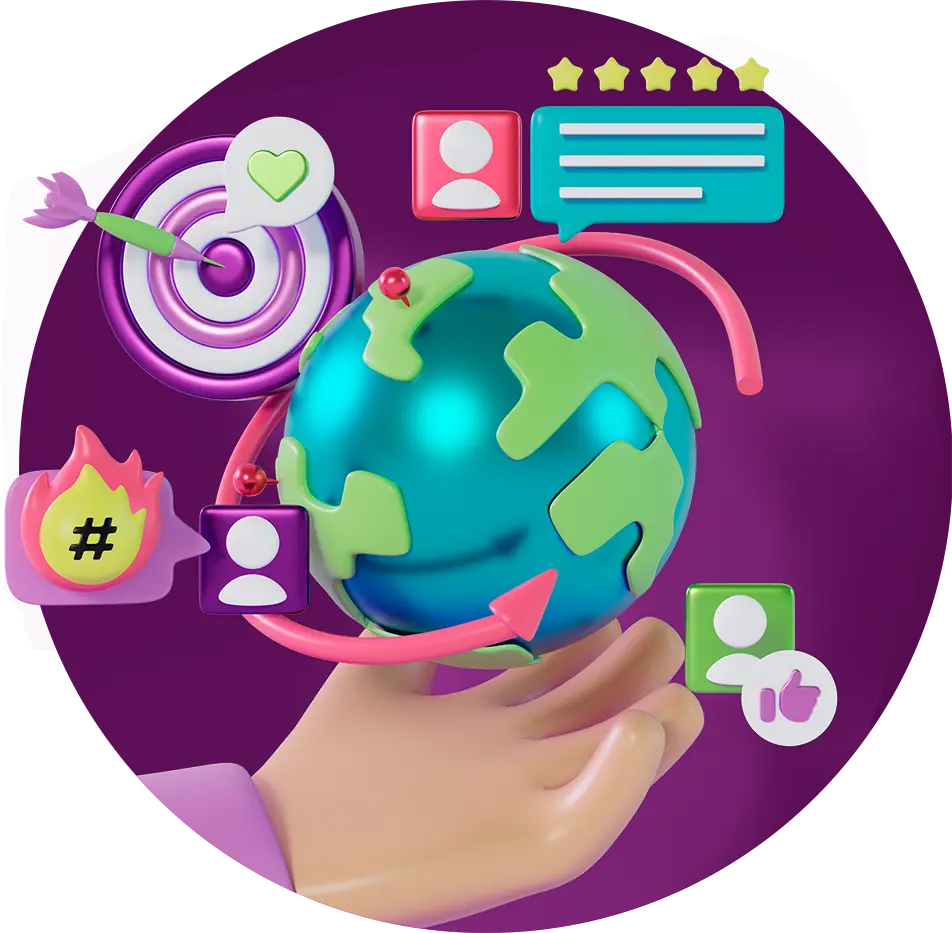Global communication icons and hand