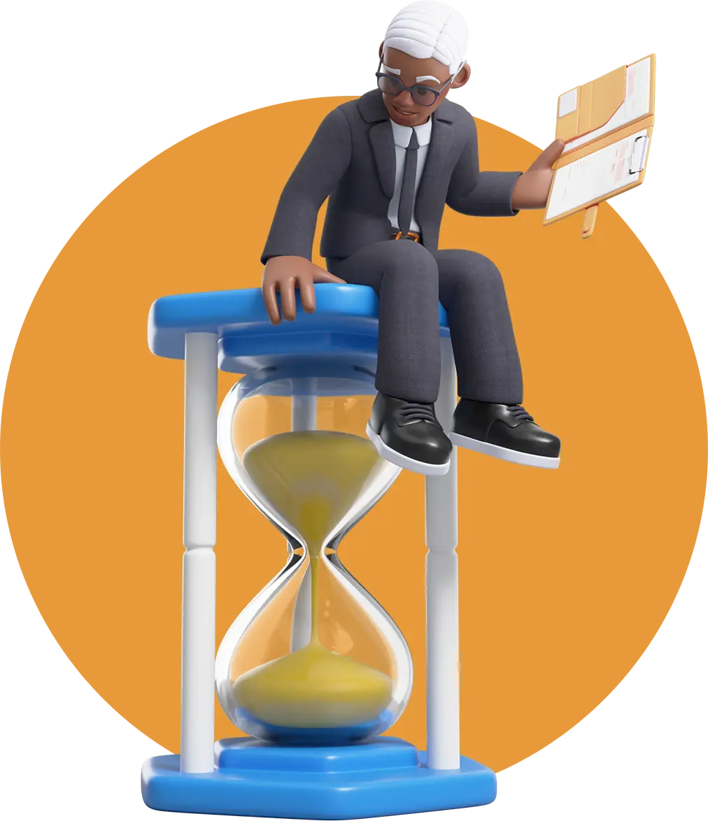 Man sitting on hourglass with laptop